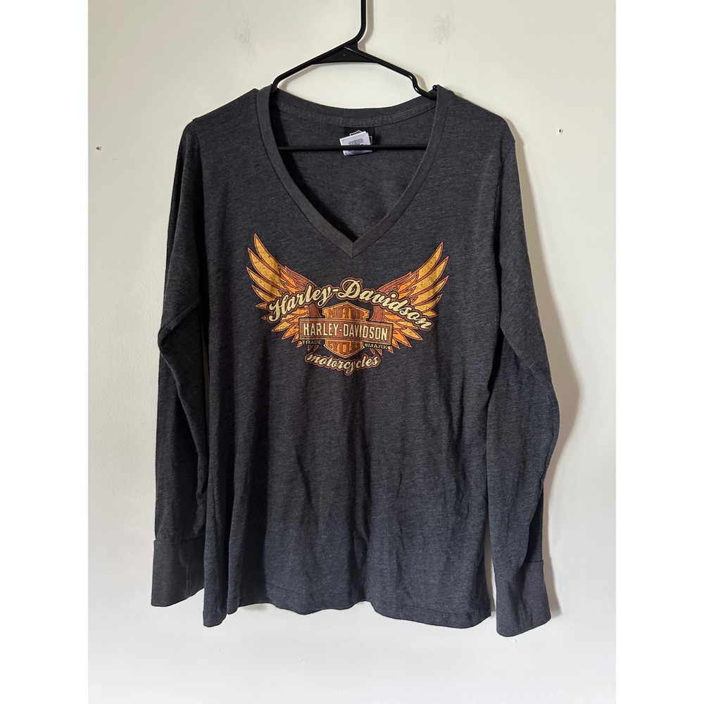 Harley Davidson Womens XL Long Sleeve V-Neck Graphic Tee Pig Trail Arkansas Grey